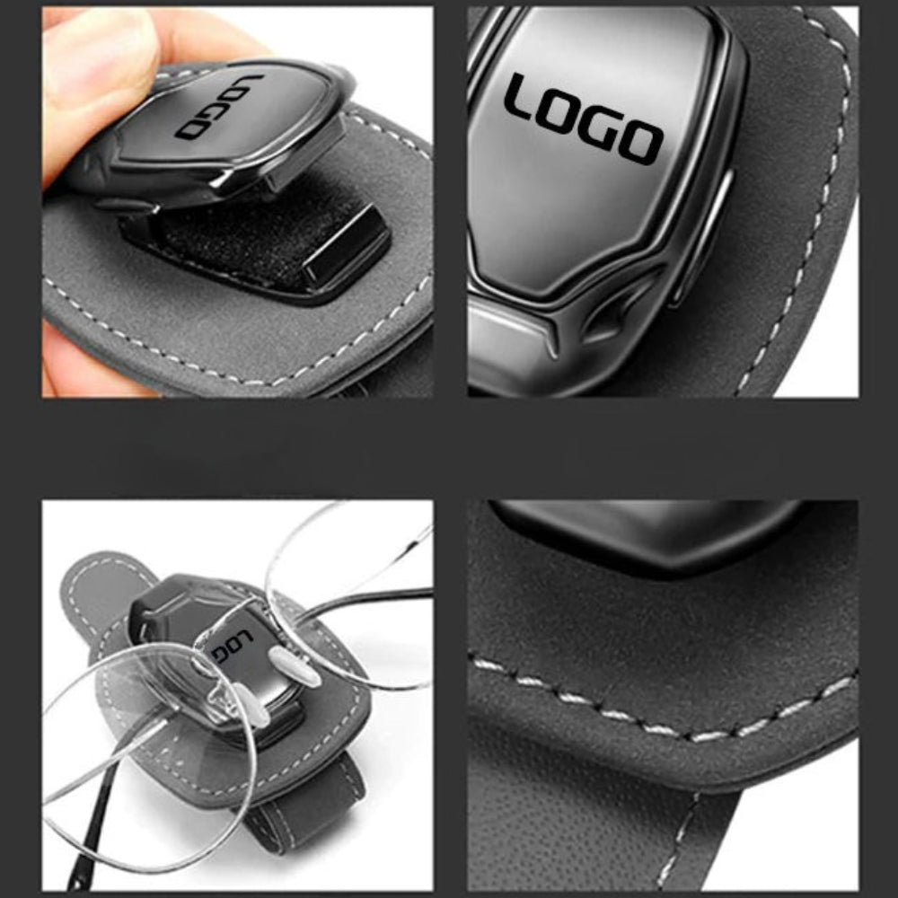 Clip per occhiali multifunzione in pelle scamosciata con logo dell'auto